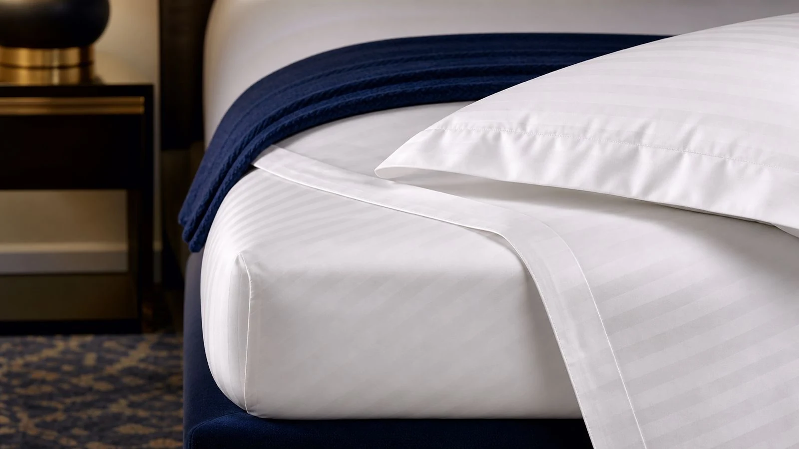 Close-up of white sateen stripe sheet and pillowcase finishing