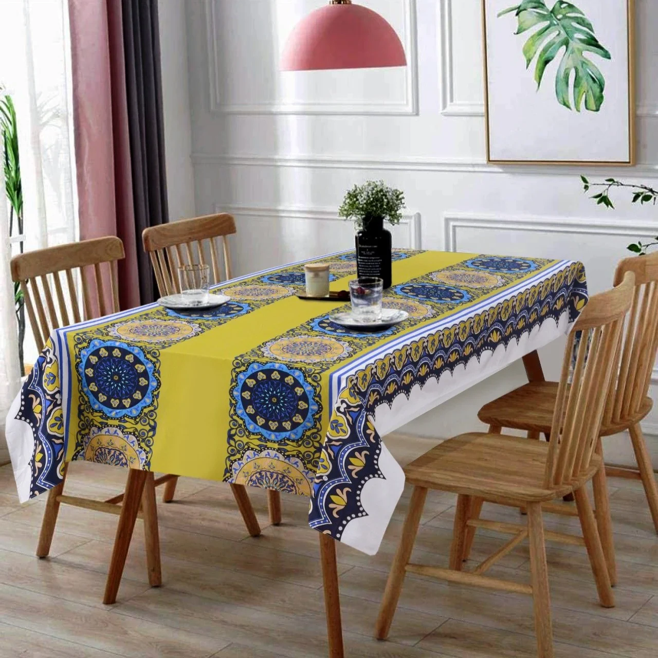 Colourful printed table and decorative linen