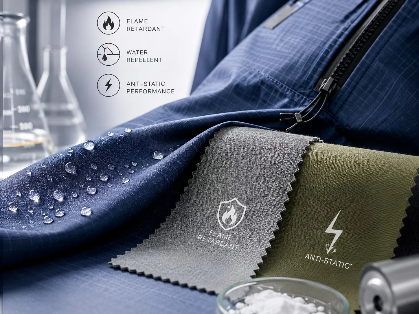 Flame-retardant, water-repellent and anti-static performance textiles