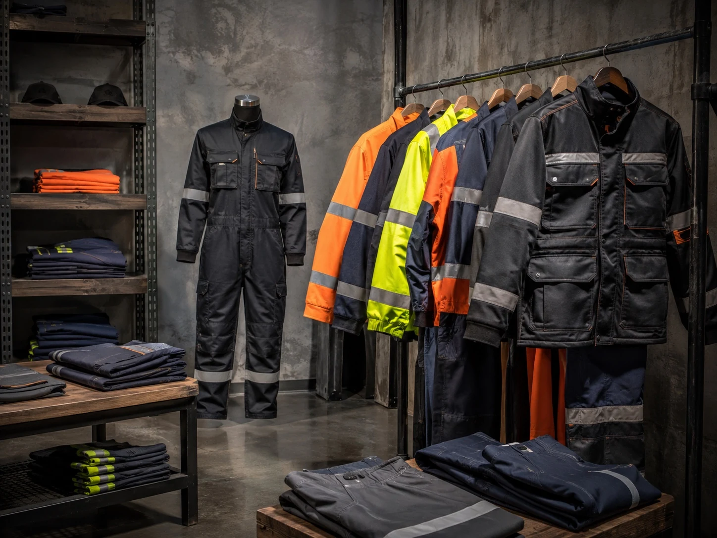 Industrial workwear garments displayed without people